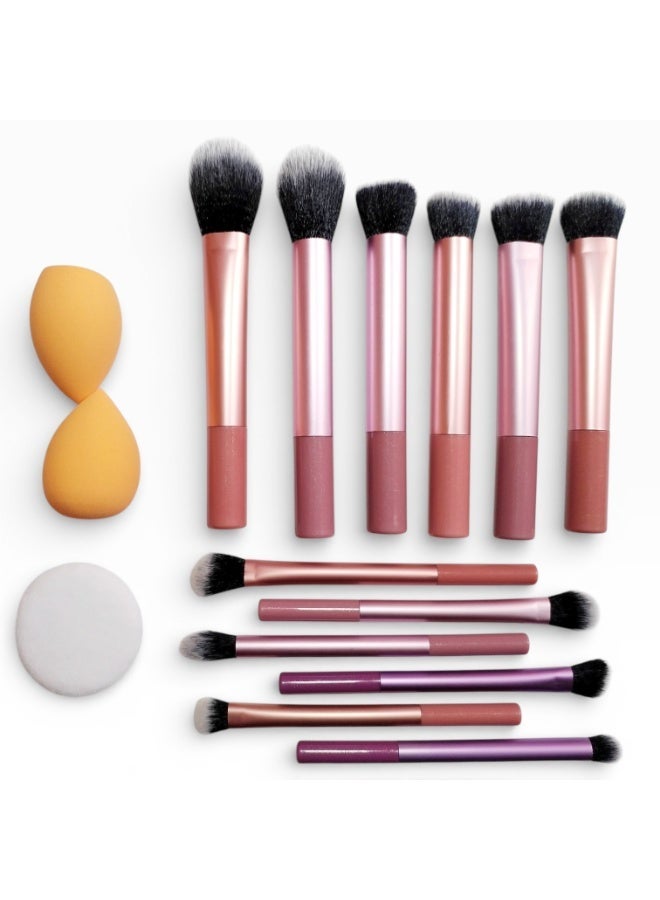 Flawless Base Makeup Brushes 12, Sponges 2 And Powder Puff Set, For Foundation Contour Blush Highlight Blending Cream Liquid Powder Cosmetic - Quality Brushes. (Rose Gold & Pink) - Image 1